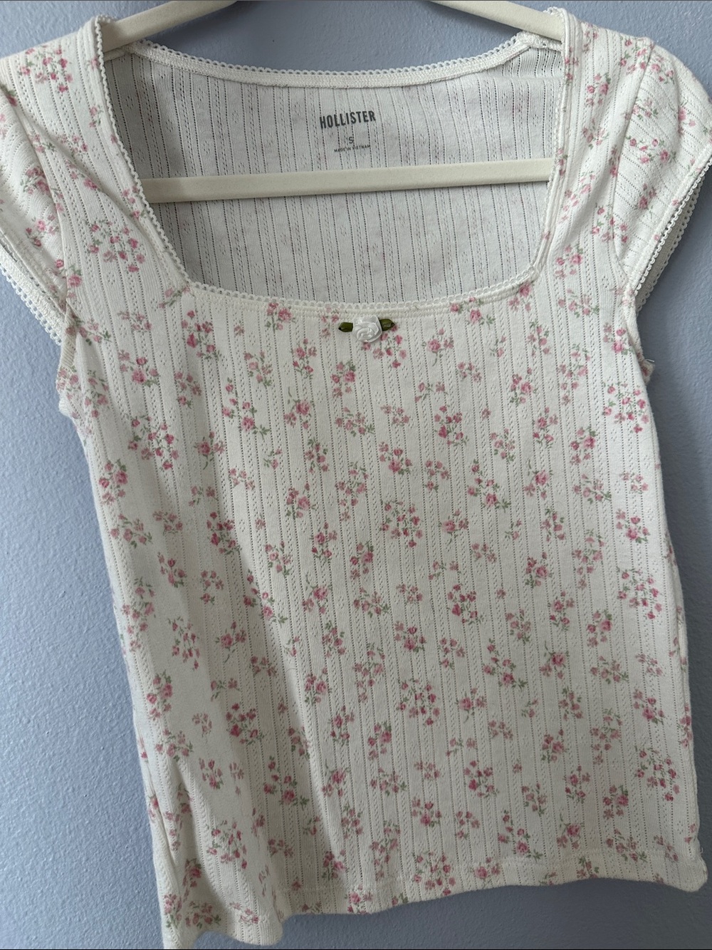 Hollister White Ribbed Square Neck Top with Pink Floral Print
